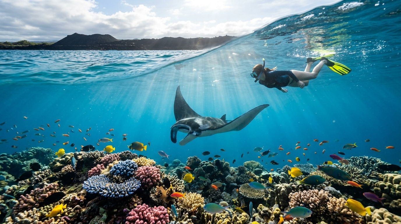 Snorkeler swimming above vibrant coral reef with manta ray.