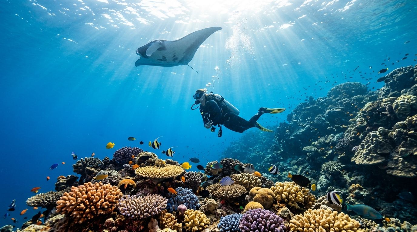 Diver swimming above colorful coral reef with a manta ray in clear blue water.