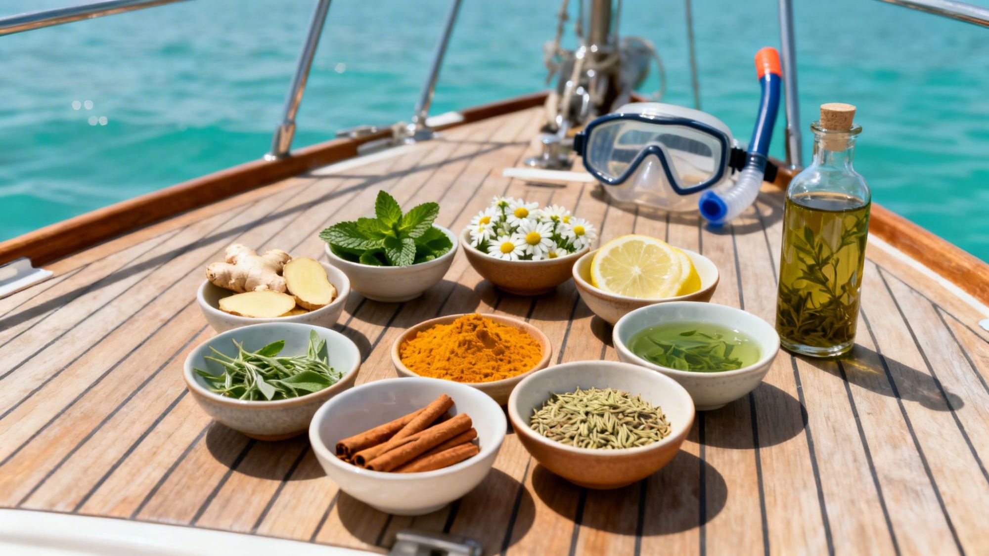Bow of a boat with bowls of spices, herbs, and a snorkel mask on deck.