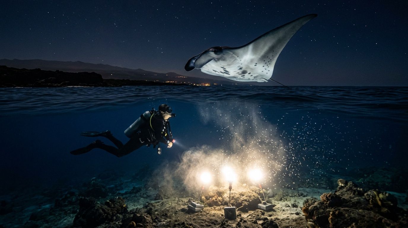 Scuba diver at night illuminates ocean floor, manta ray swims overhead.