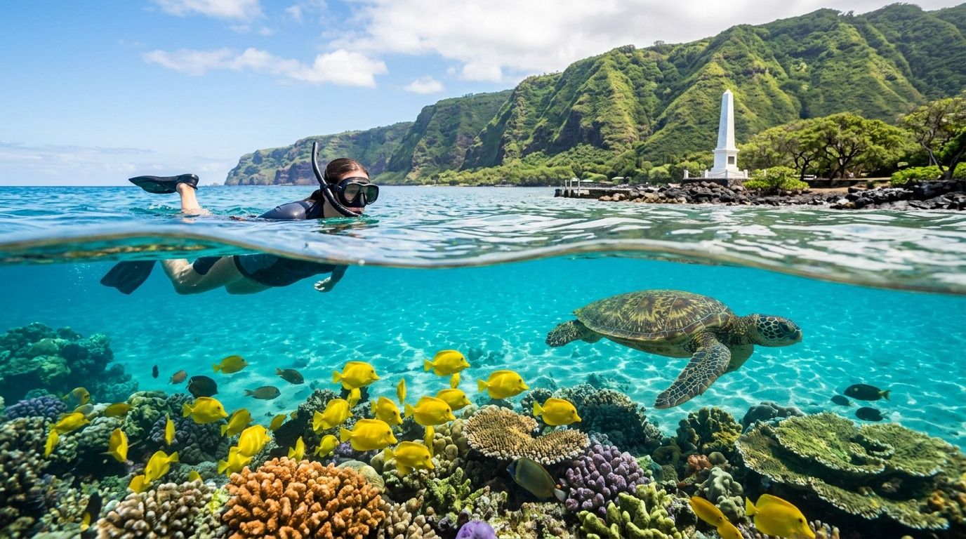 Snorkeler near vibrant coral reef with sea turtle and yellow fish, mountains and monument in background.