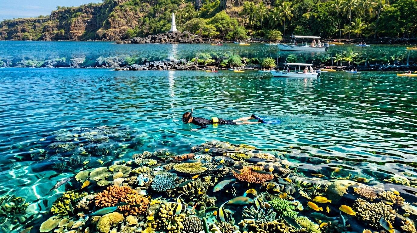 Person snorkeling over colorful coral reef in clear water with boats and lush greenery in the background.
