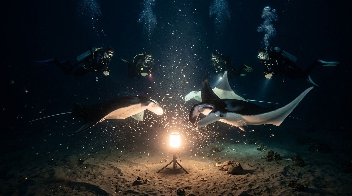 Divers observe manta rays swimming near an underwater light at night.