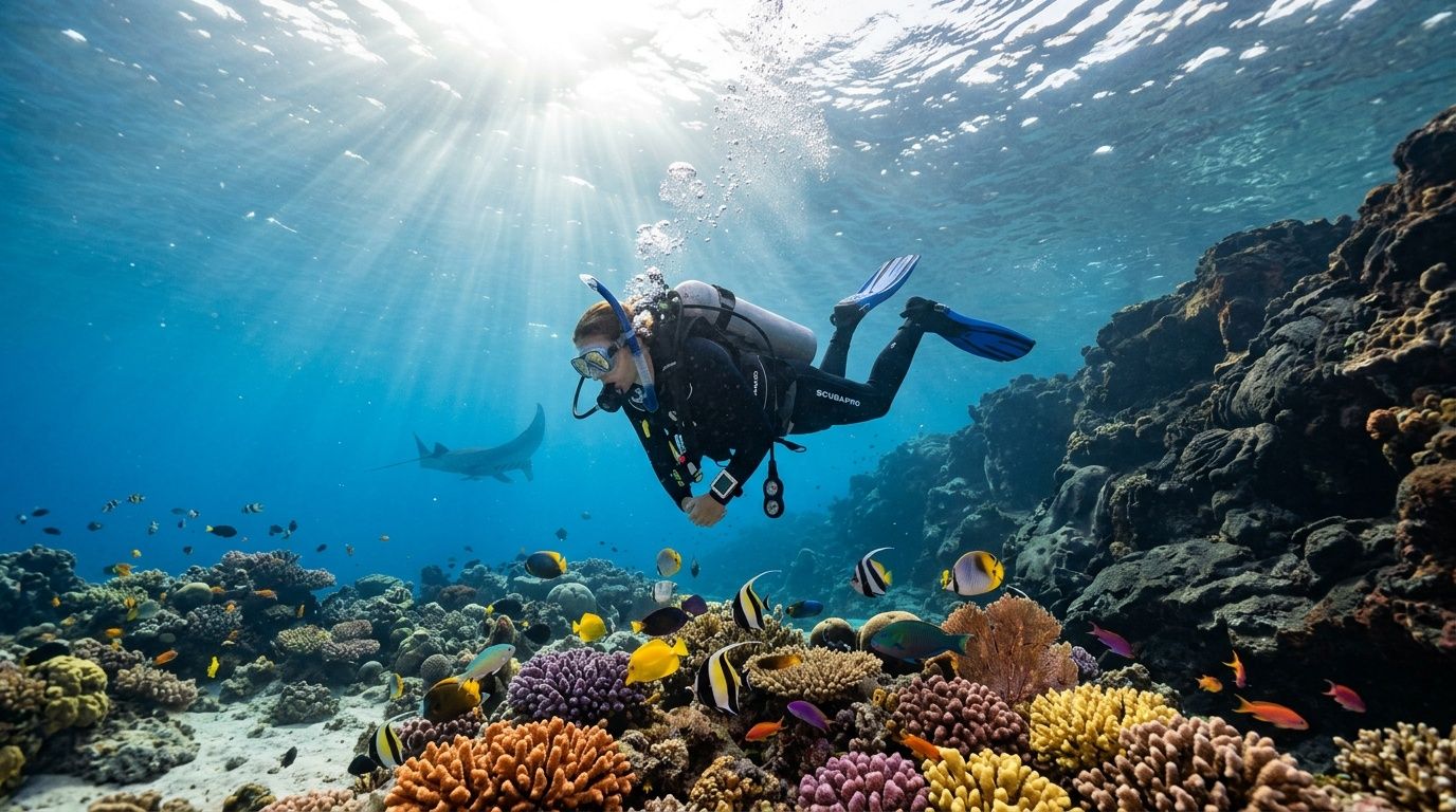 Scuba diver exploring coral reef with colorful fish and sunlight beams.