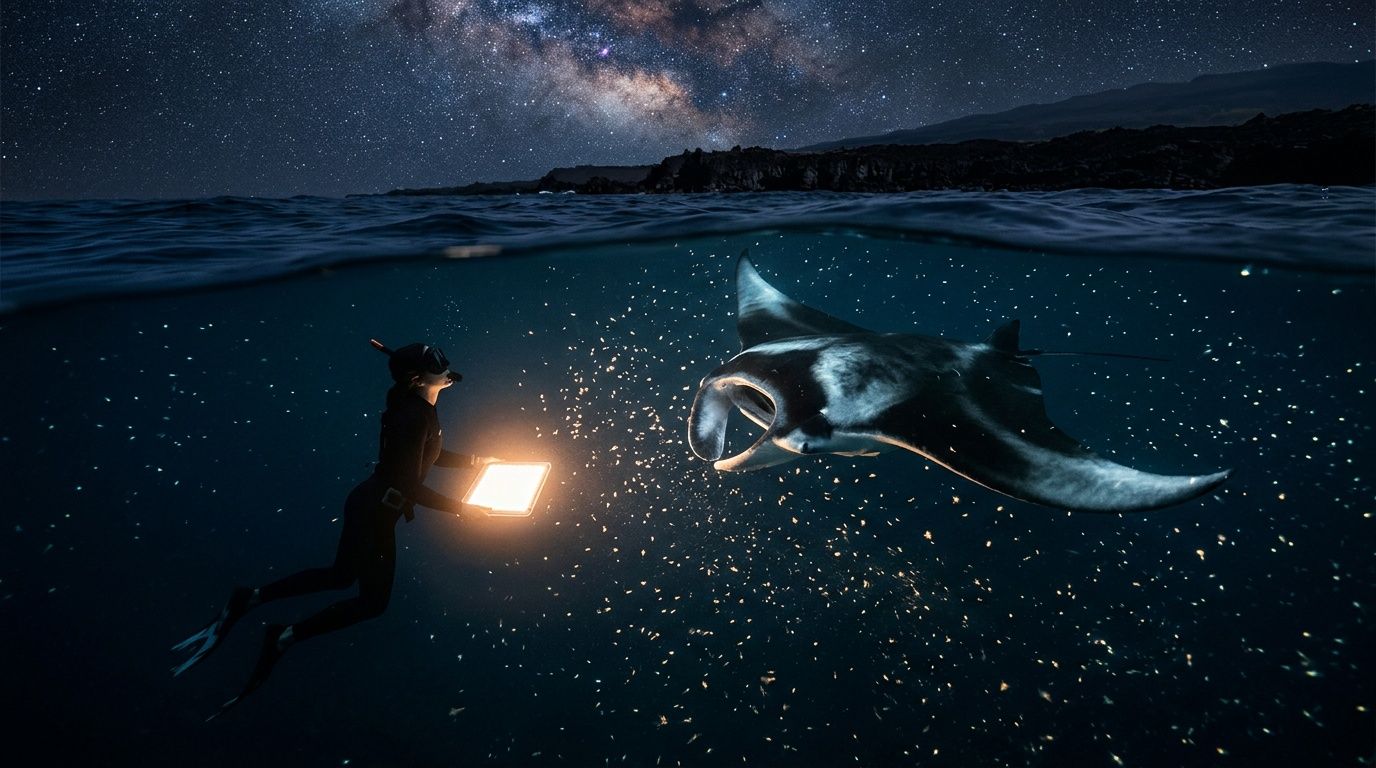 Diver with light approaches manta ray underwater at night with starry sky above.