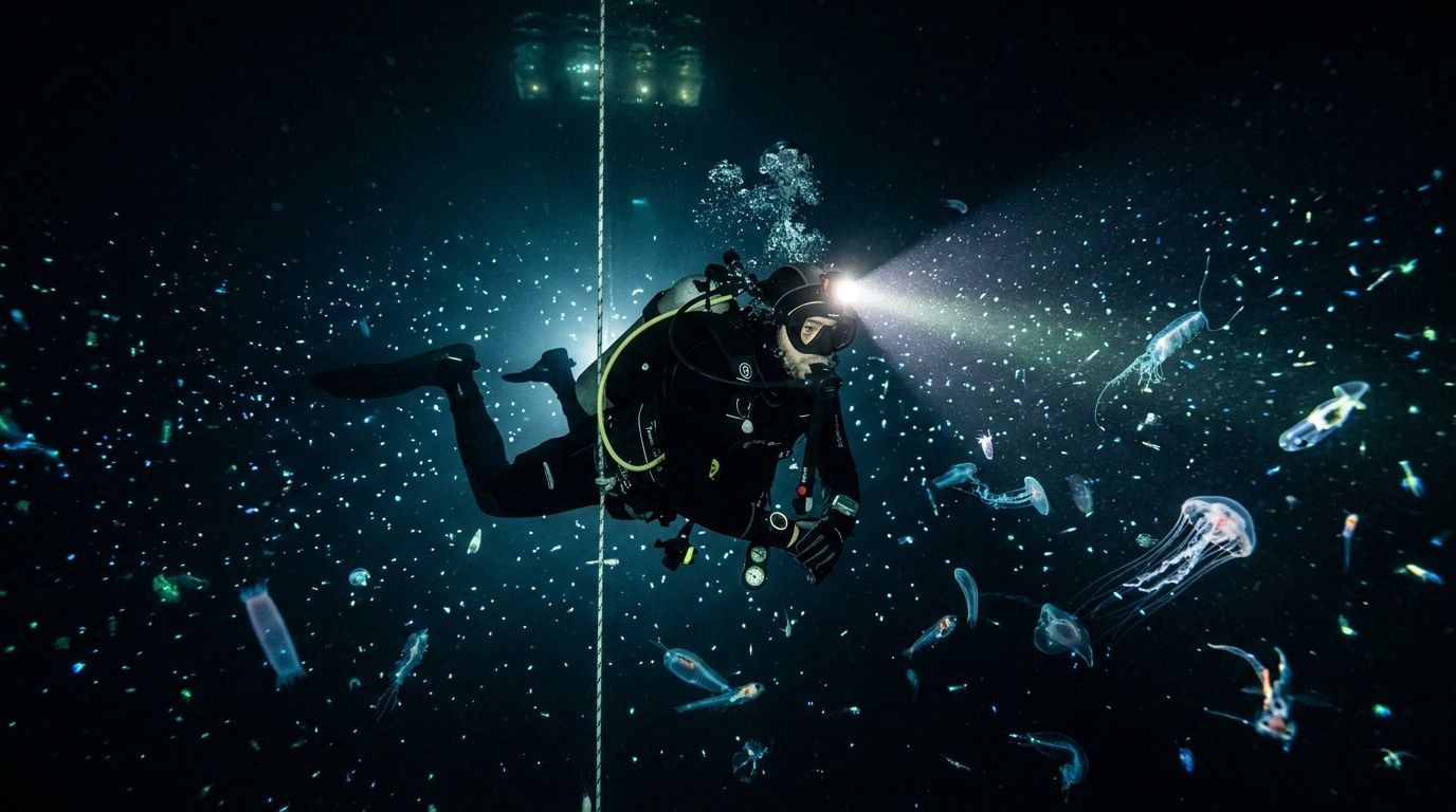 Scuba diver underwater surrounded by bioluminescent jellyfish and particles.