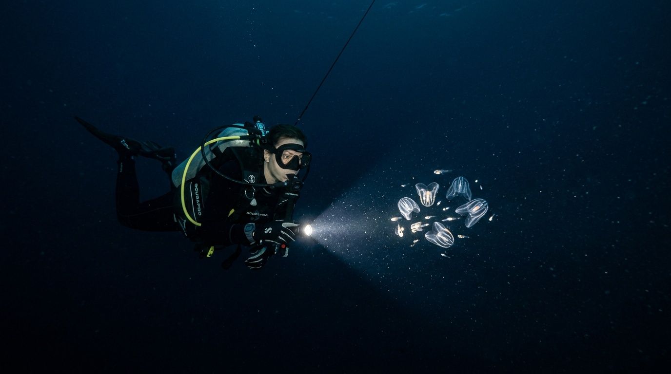 Diver underwater with flashlight illuminating small fish.