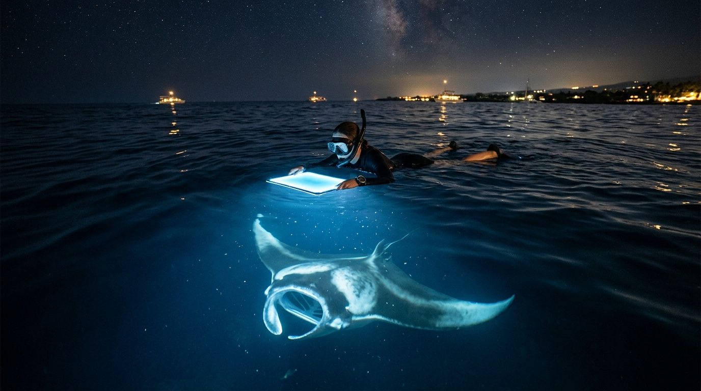 Snorkeler reading book at night with manta ray in illuminated water.