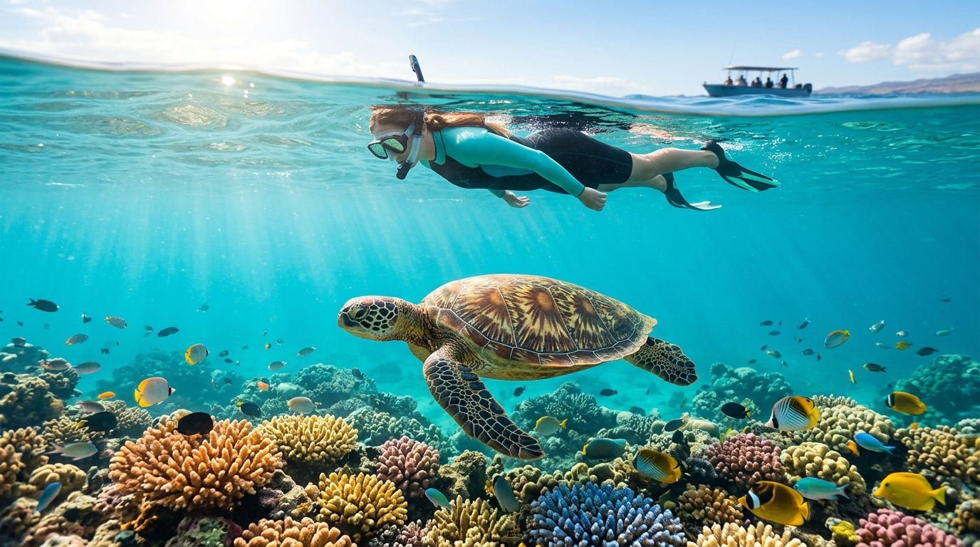 Snorkeler swims above coral reef with a sea turtle, fish, and a boat in the background.