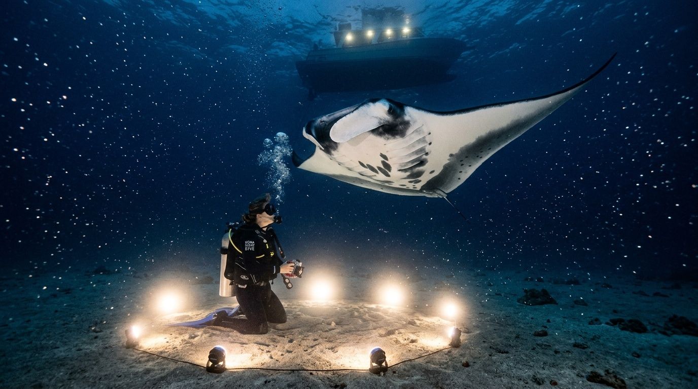 Diver kneeling on ocean floor with lights, facing a manta ray, with a boat above in dark waters.