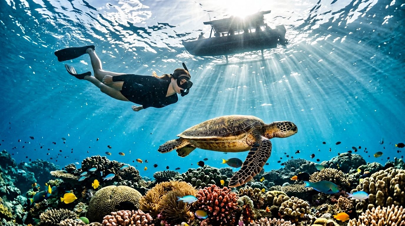 A snorkeler swims near a sea turtle above colorful coral, with a boat silhouetted against sunlight above.