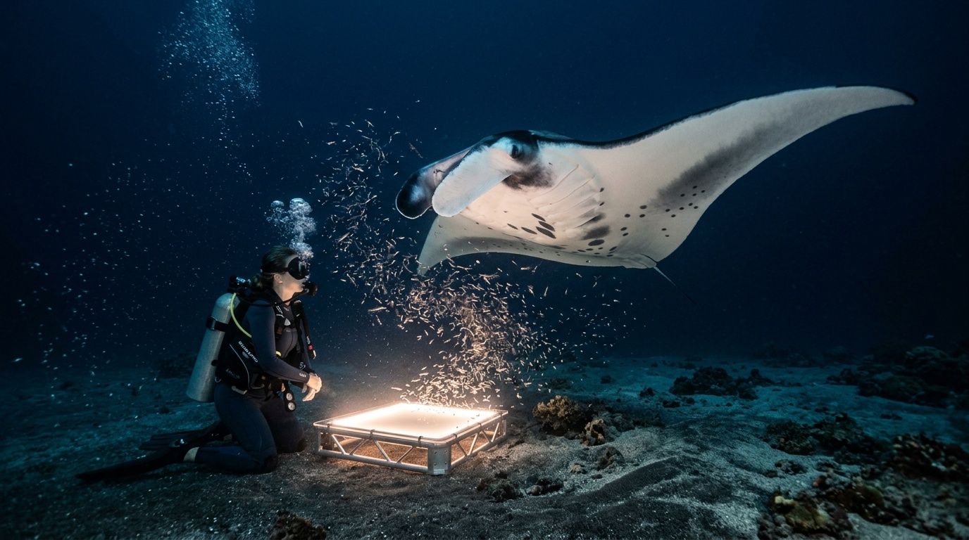 Scuba diver kneeling near a manta ray underwater with a lit panel on the sea floor.