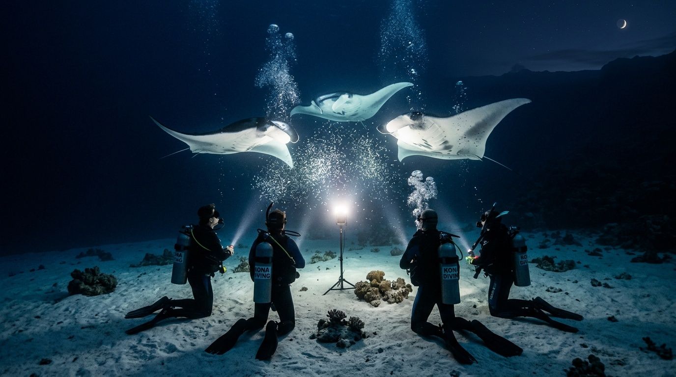 Divers with flashlights observe three manta rays underwater at night.