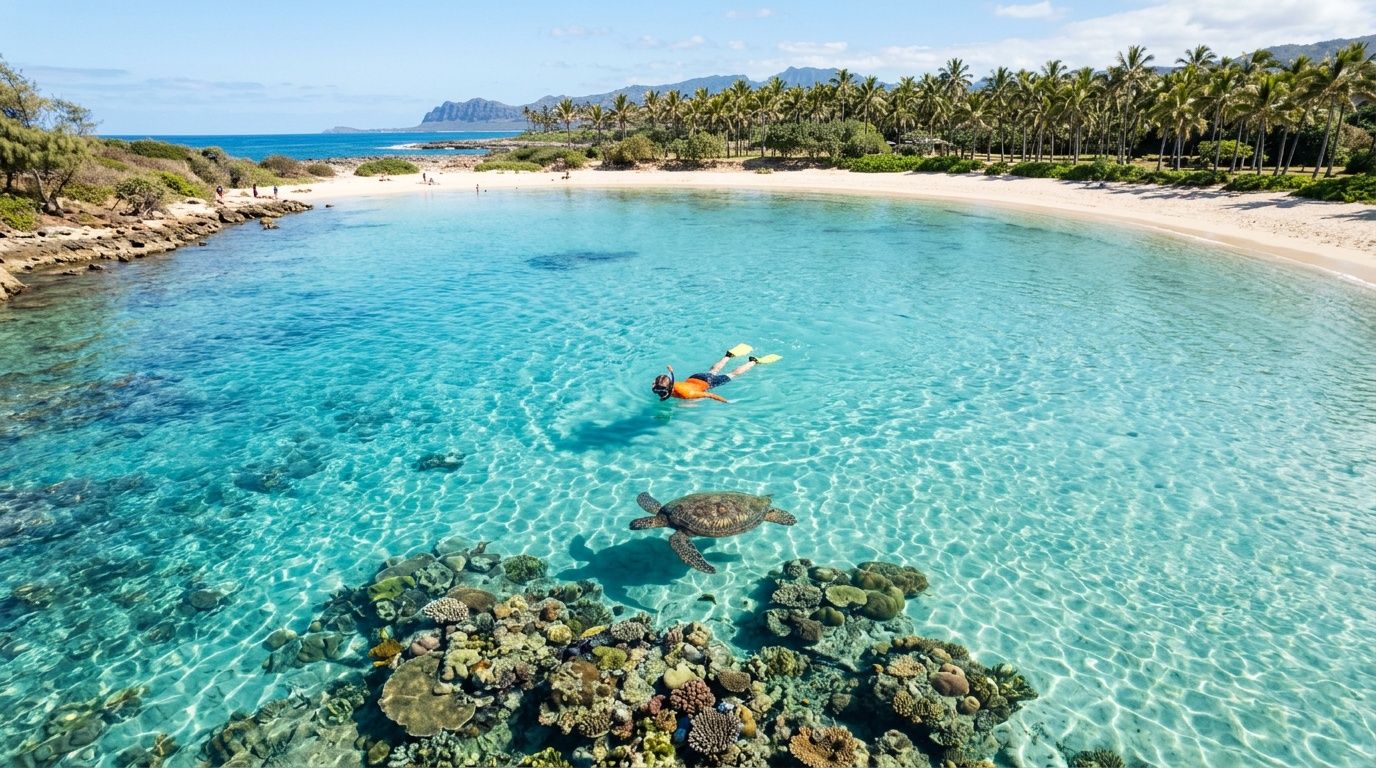 Person snorkeling near a sea turtle in a clear blue lagoon with a sandy beach and palm trees.