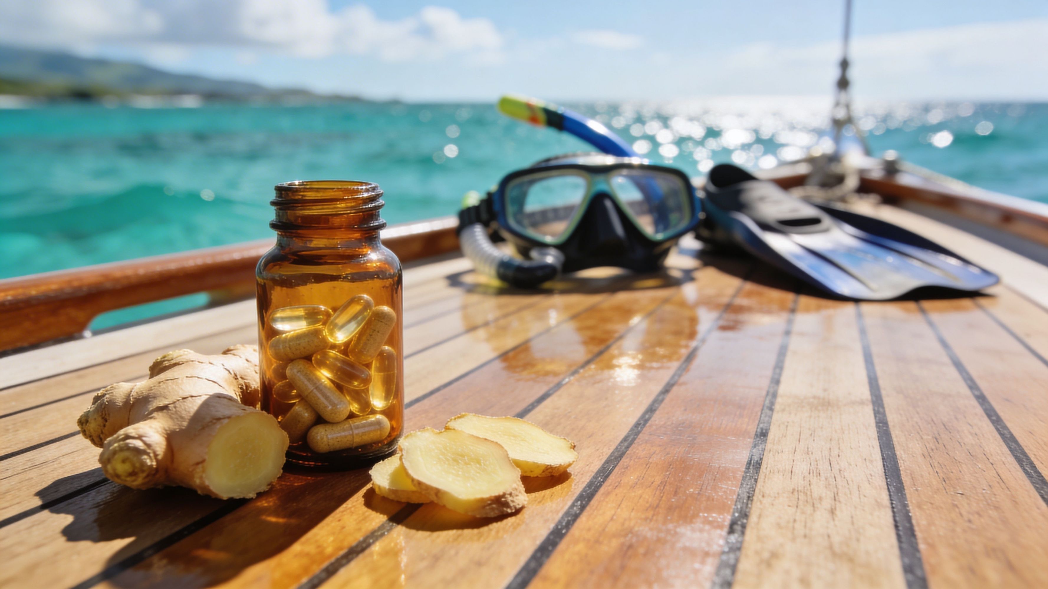 Ginger, pills, snorkel gear on a boat deck with ocean view.