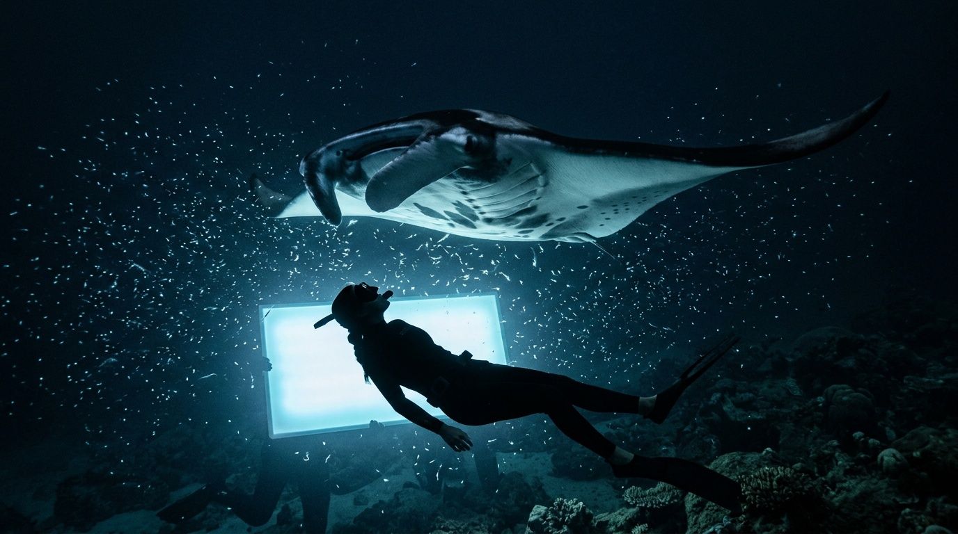Diver swims near illuminated manta ray at night, surrounded by small fish in underwater scene.