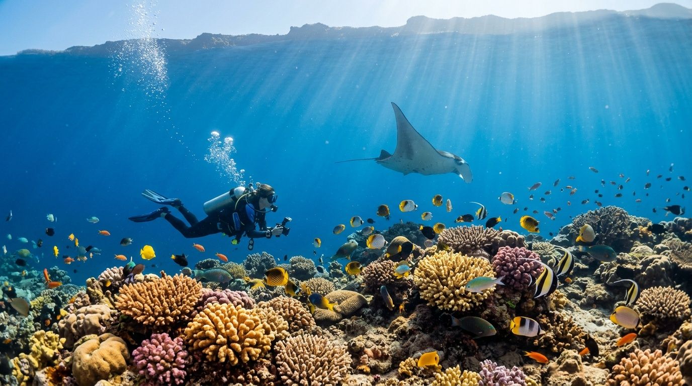 Diver photographing colorful coral reef with fish and manta ray in clear ocean water.