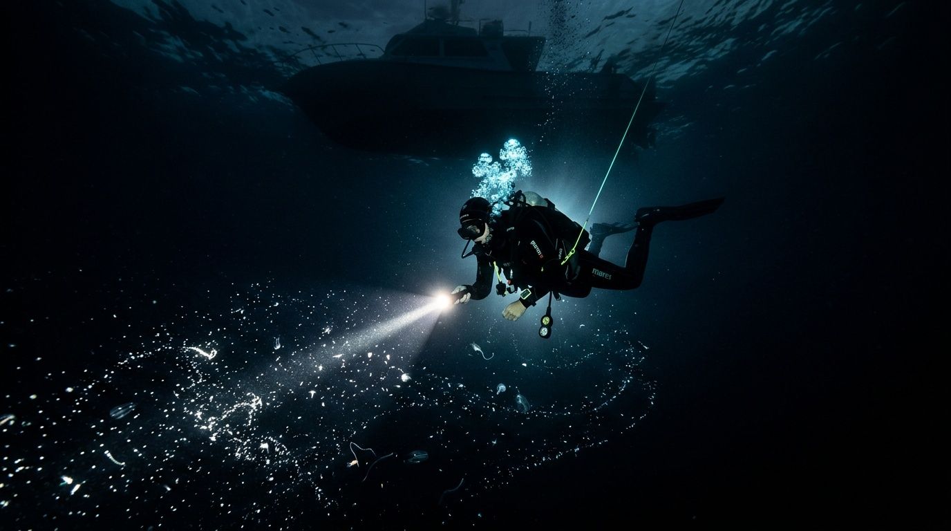 Scuba diver underwater at night, shining flashlight upwards, boat visible above.
