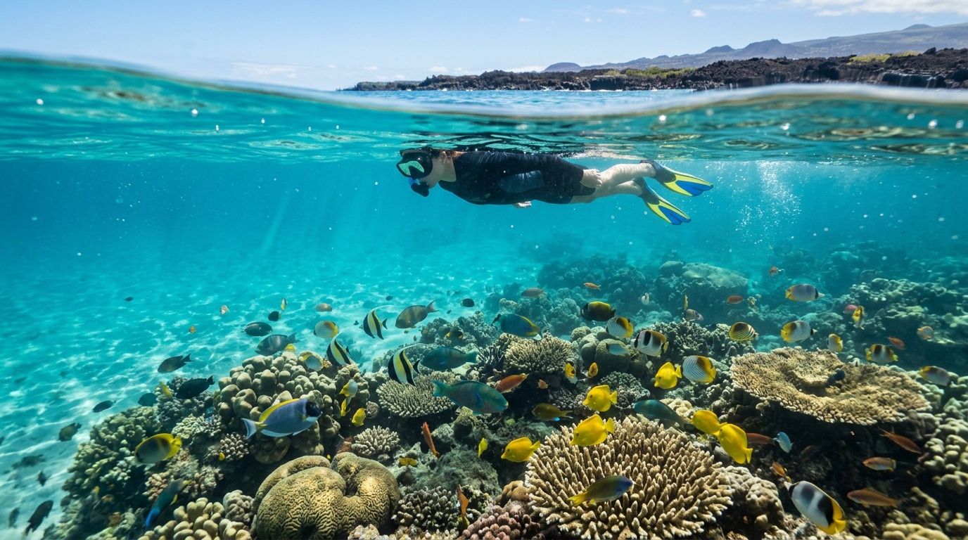 Person snorkeling above coral reef with various colorful fish.