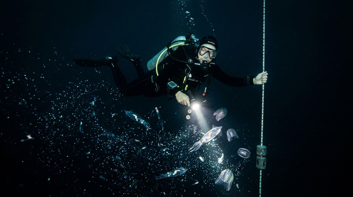 Diver explores deep sea with flashlight, surrounded by small jellyfish.