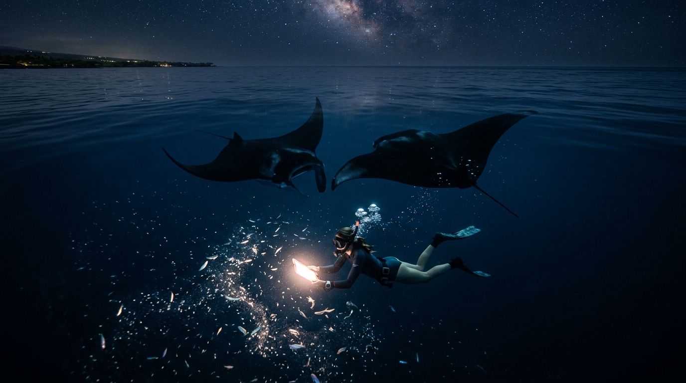 Diver with flashlight near manta rays in ocean at night under starry sky.