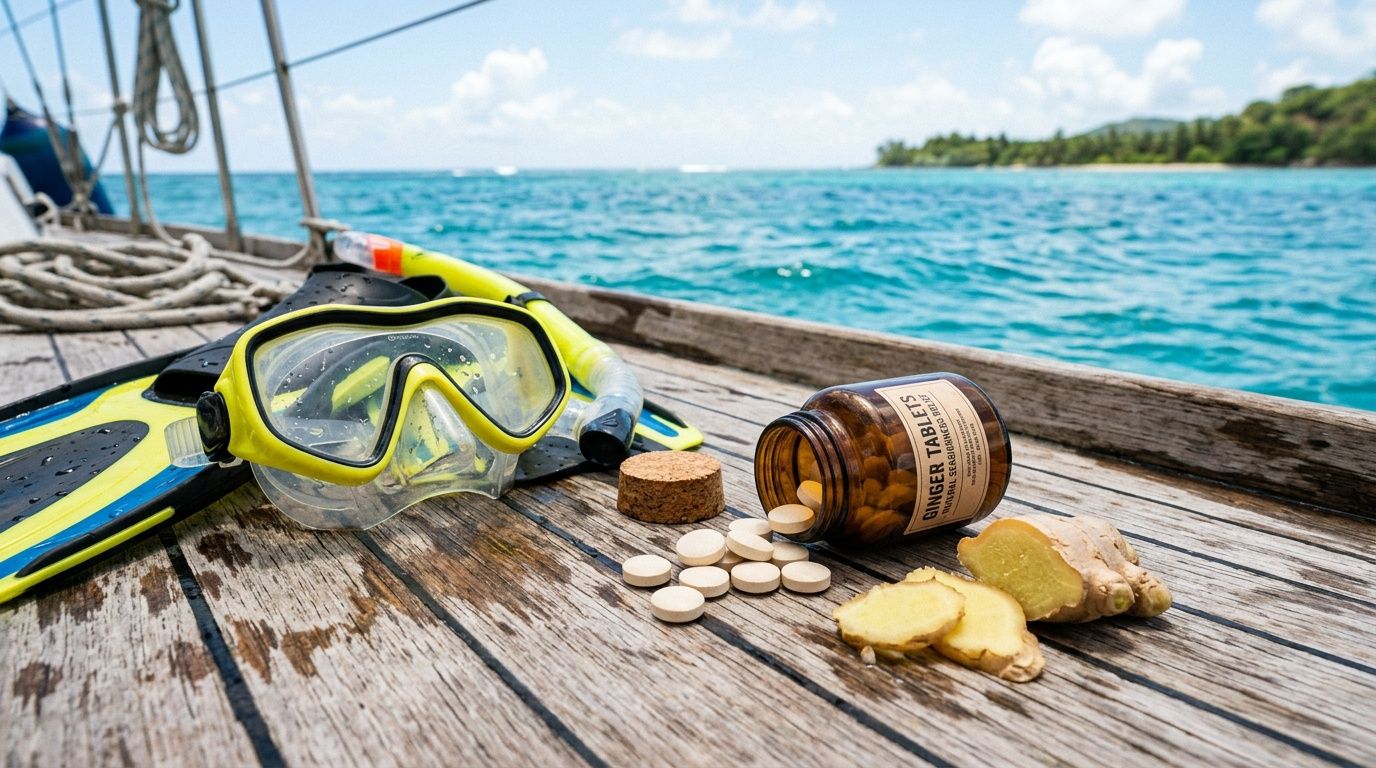 Diving gear, ginger, and pill bottle on boat deck with ocean view.