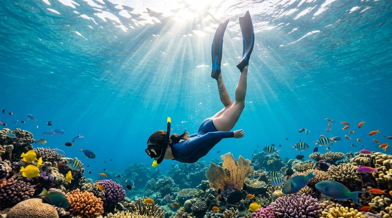 Person snorkeling over vibrant coral reef with sunlight streaming through clear water.