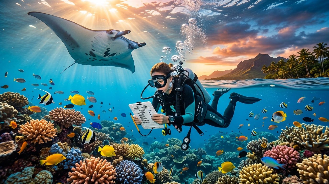 Diver records data underwater near coral reef with manta ray and fish.