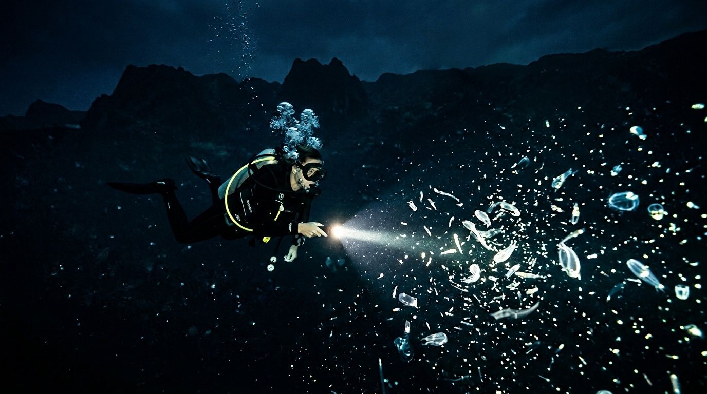 Diver with flashlight underwater at night among tiny glowing sea creatures.