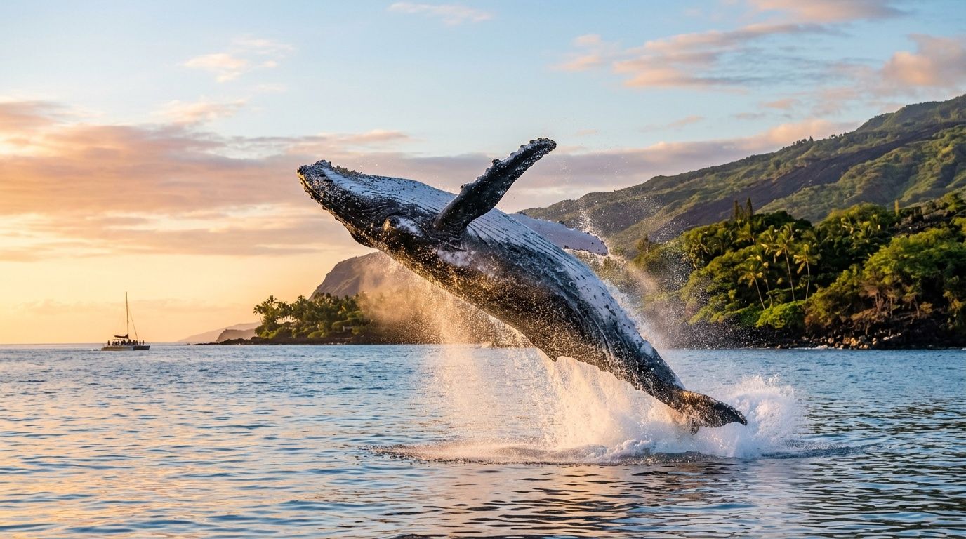 Whale breaching water near coast at sunset with a sailboat in the background.