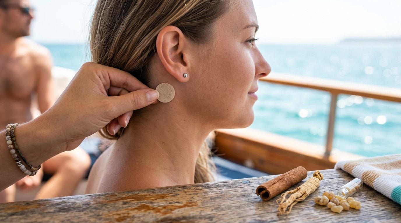 Person placing a coin behind a woman's ear on a boat.