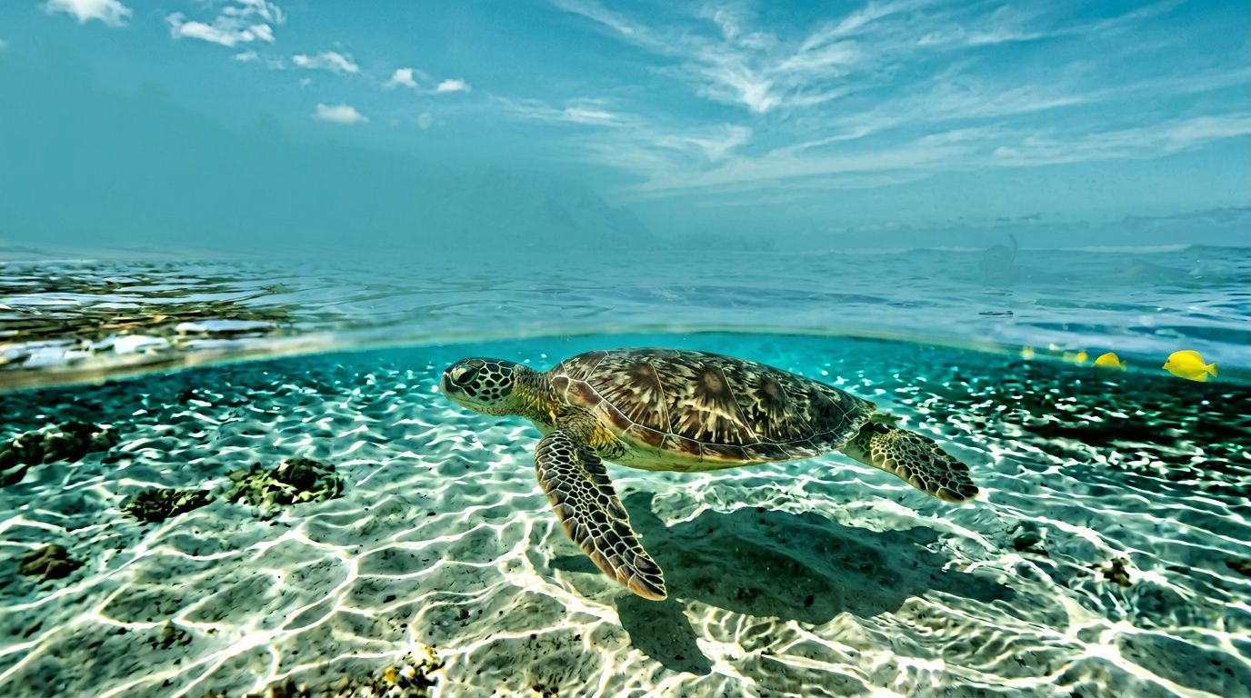Sea turtle swimming in clear, shallow ocean water