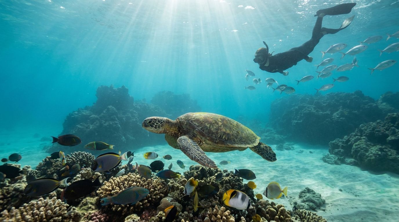 Underwater scene with a sea turtle, diver, and various fish swimming over coral reef.