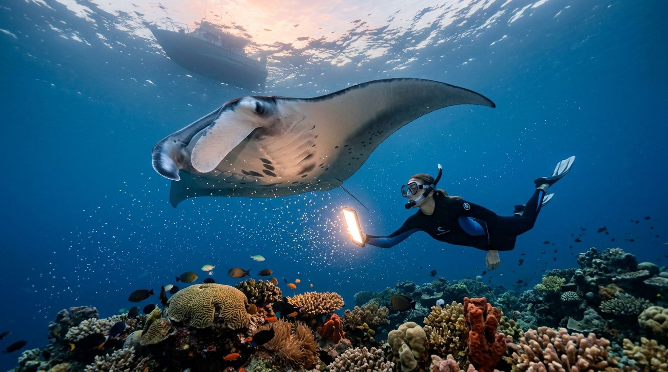 Scuba diver near manta ray over colorful coral reef.