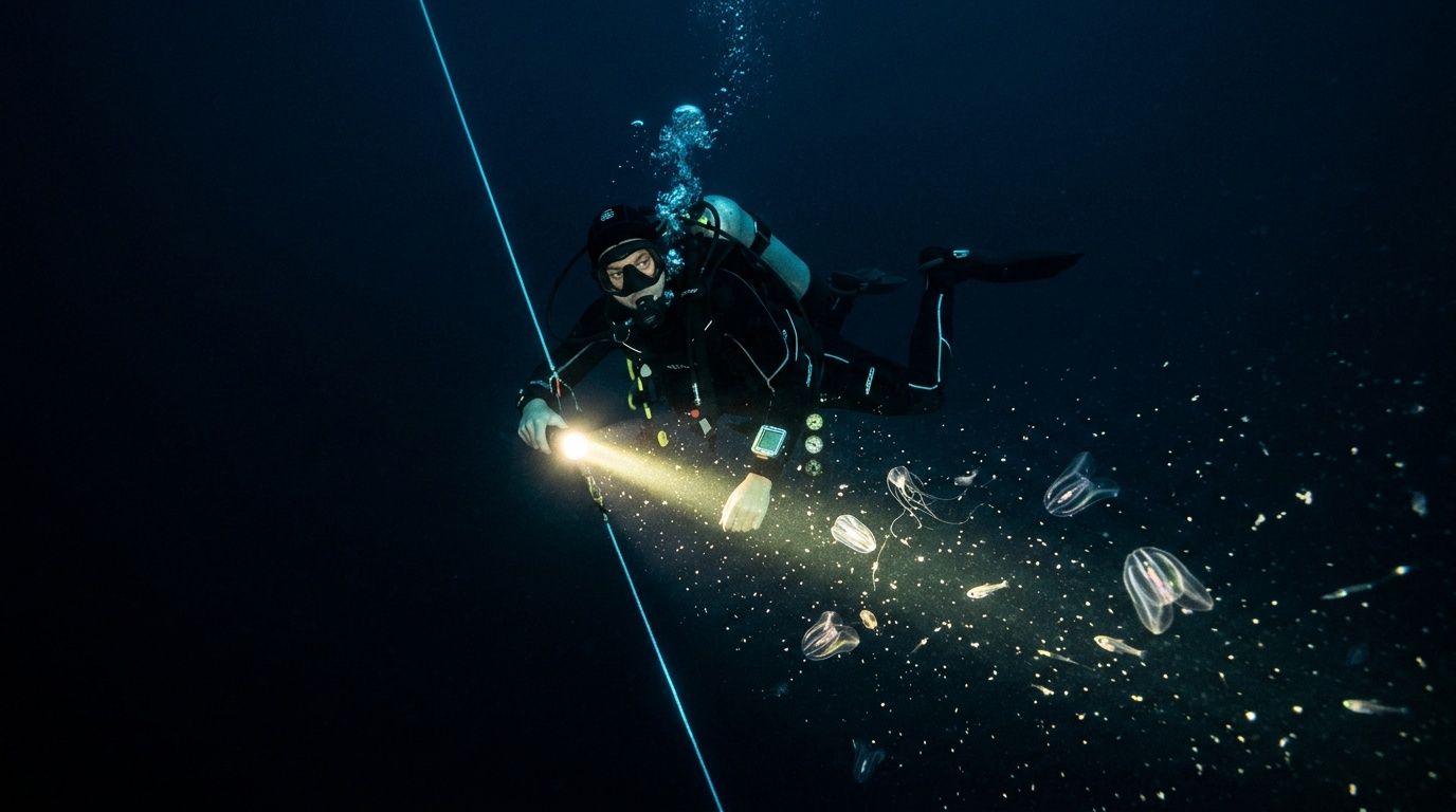 Scuba diver in dark water surrounded by small jellyfish and holding a flashlight.