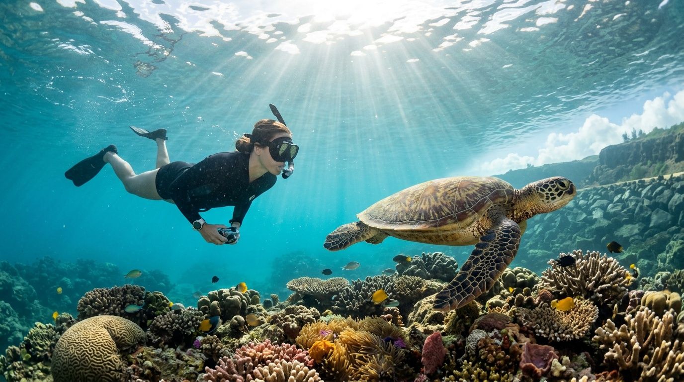 Snorkeler swims near sea turtle over vibrant coral reef, sunlight filters through clear water.