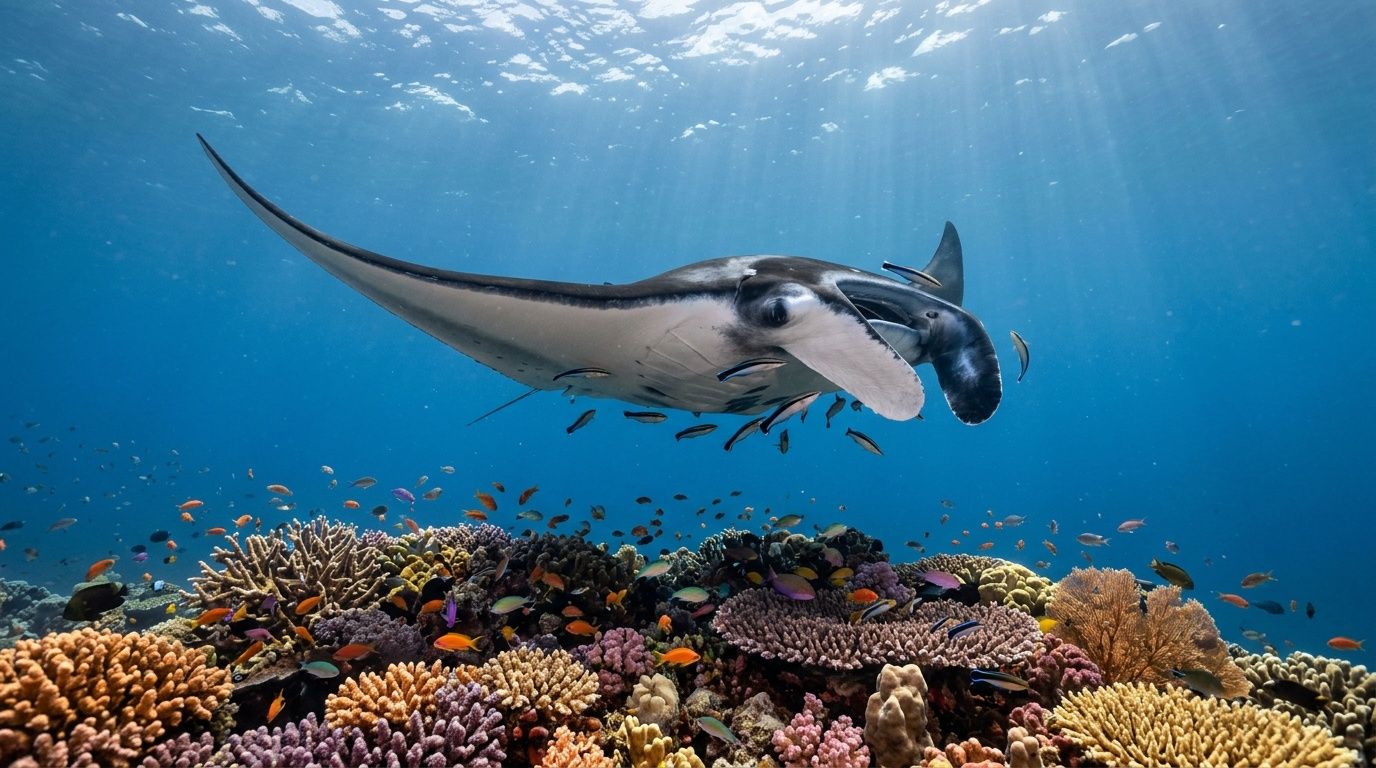 Manta ray swimming above colorful coral reef with small fish.