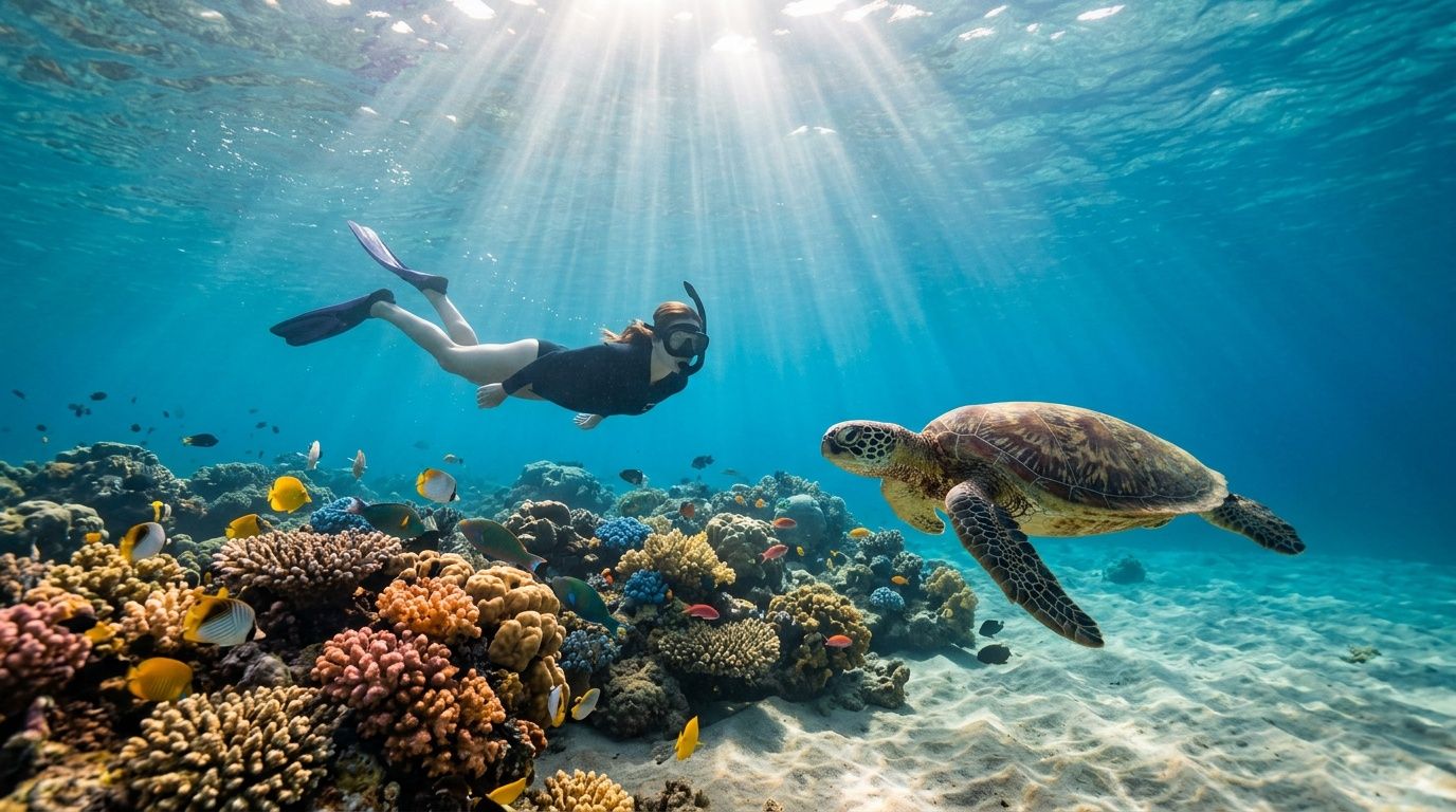 Snorkeler and sea turtle swimming over coral reef in clear blue water.