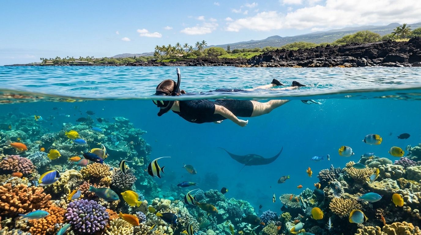 Person snorkeling above vibrant coral reef with colorful fish and clear sky.