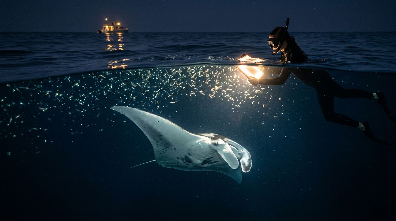 Diver with light swims above manta ray in ocean at night.