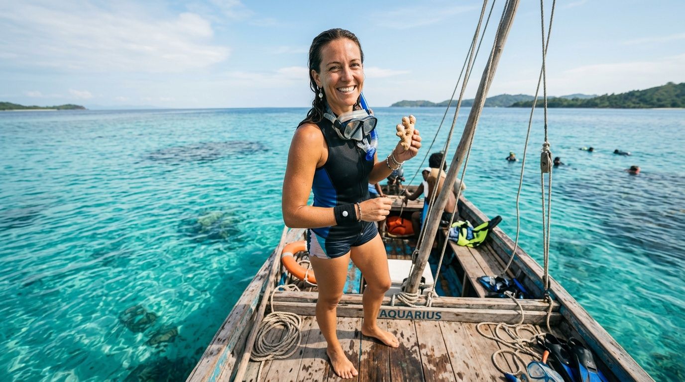 Smiling person on a boat with scuba gear over clear blue water.