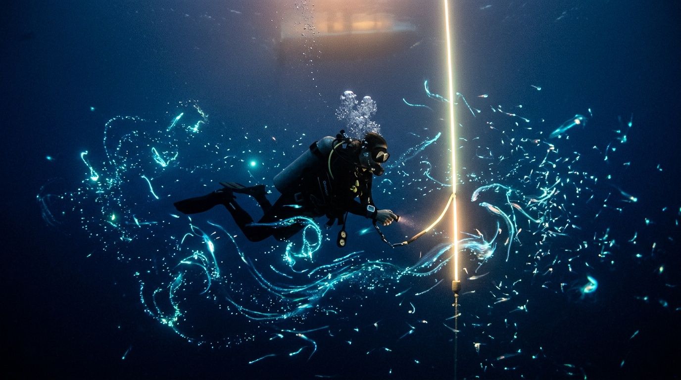 Scuba diver underwater with glowing bioluminescent lights.
