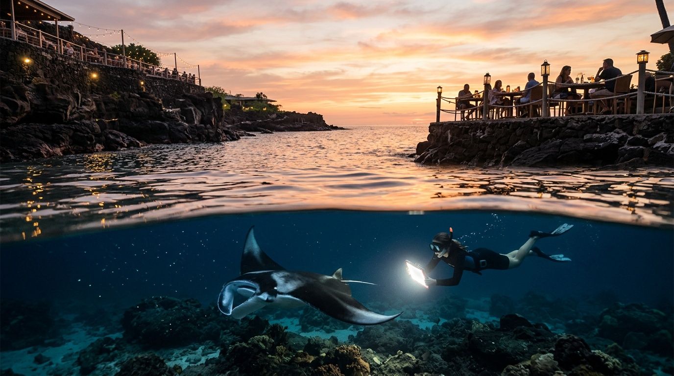 Split view of a diver photographing a manta ray underwater and people dining by the sea at sunset.