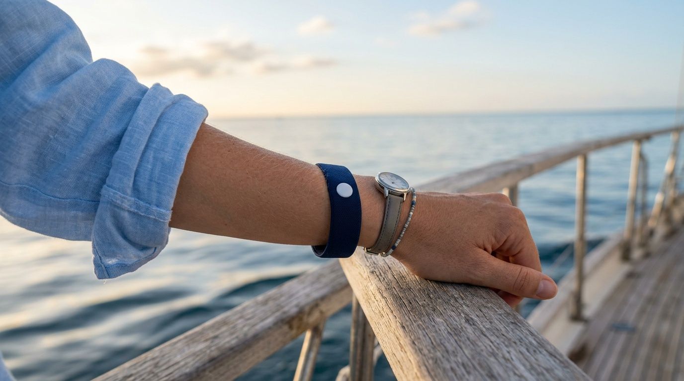 Person's arm wearing bracelets, resting on a boat railing with ocean view.