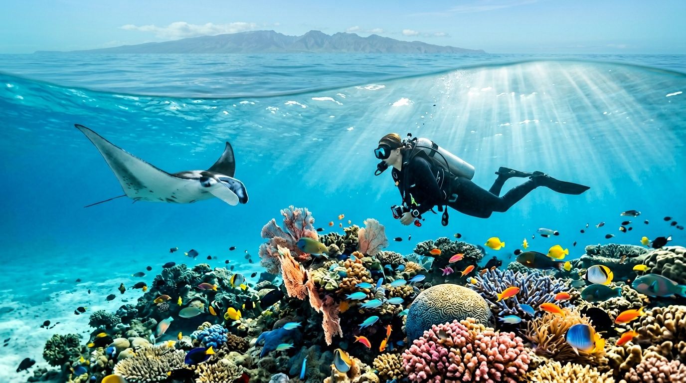 Scuba diver and manta ray swimming over vibrant coral reef underwater.