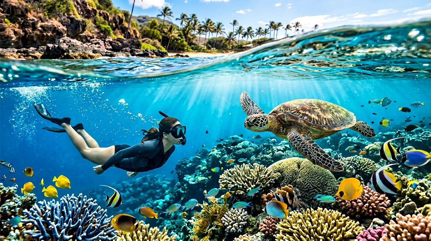 Snorkeler and sea turtle swimming over colorful coral reef with fish.