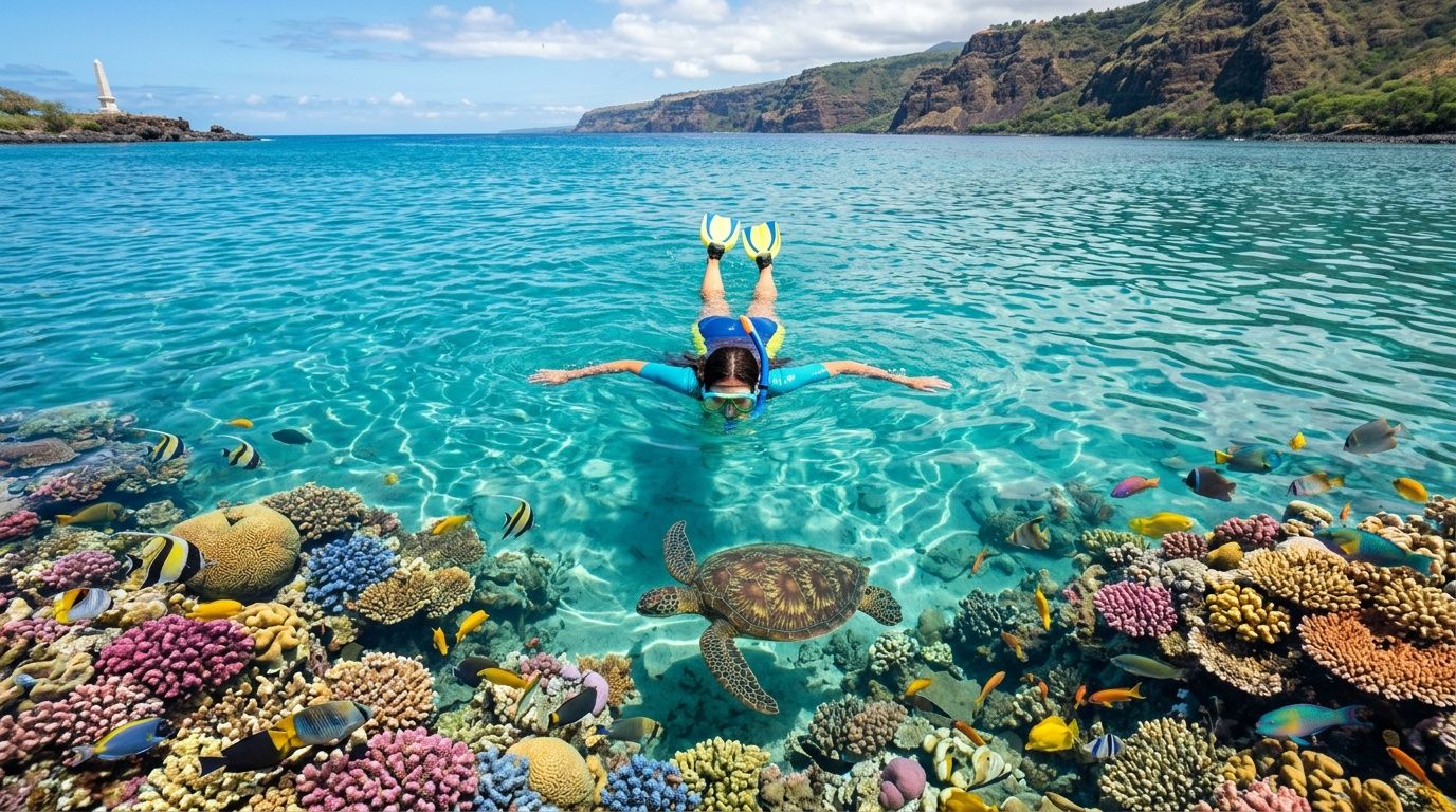 Person snorkeling above colorful coral reef with a sea turtle and fish in clear blue water.