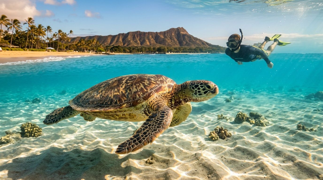 Snorkeler swims near sea turtle in clear water, mountain and beach in background.