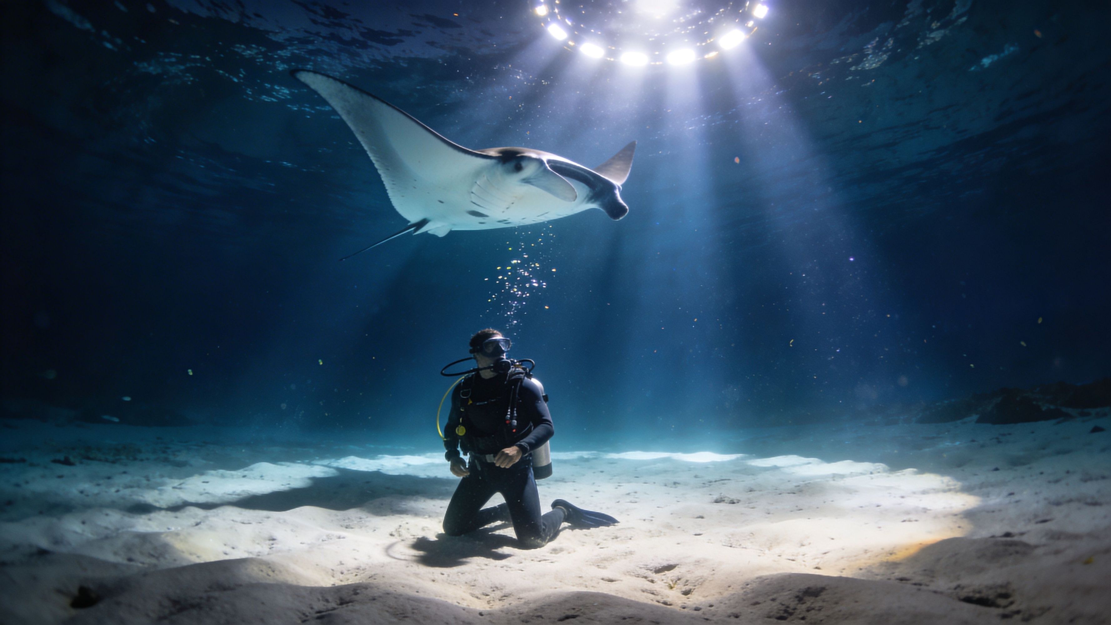Scuba diver kneeling on the ocean floor, manta ray swimming above under illuminated beams.