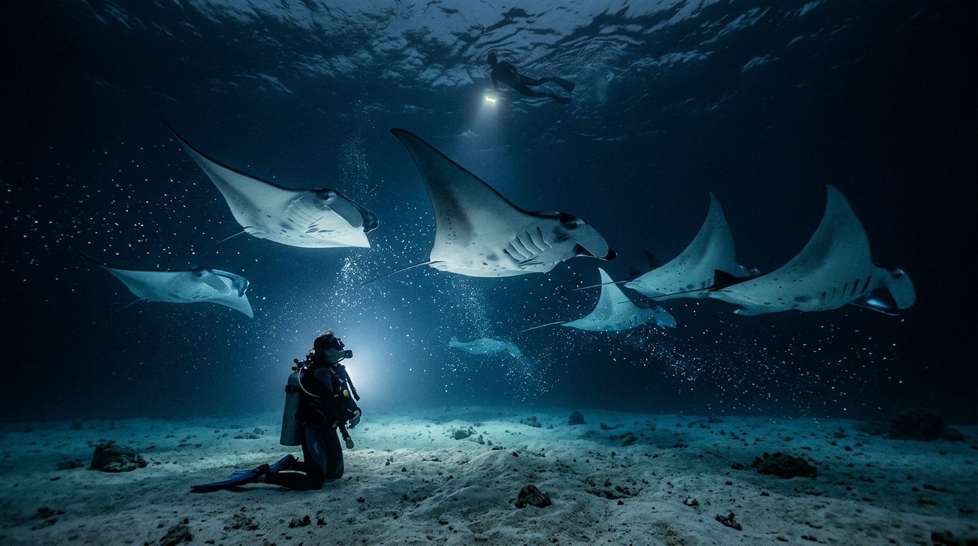 Scuba diver kneeling on sandy ocean floor surrounded by manta rays at night.
